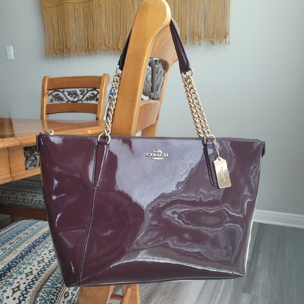 Coach Maroon Patent Leather Tote with Gold Chain Handles